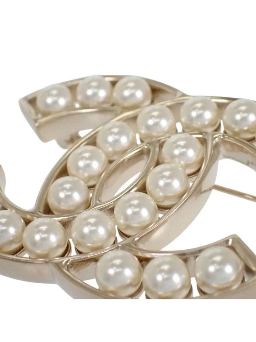 Chanel CC Logo Pearl Brooch Metal Faux White Gold White